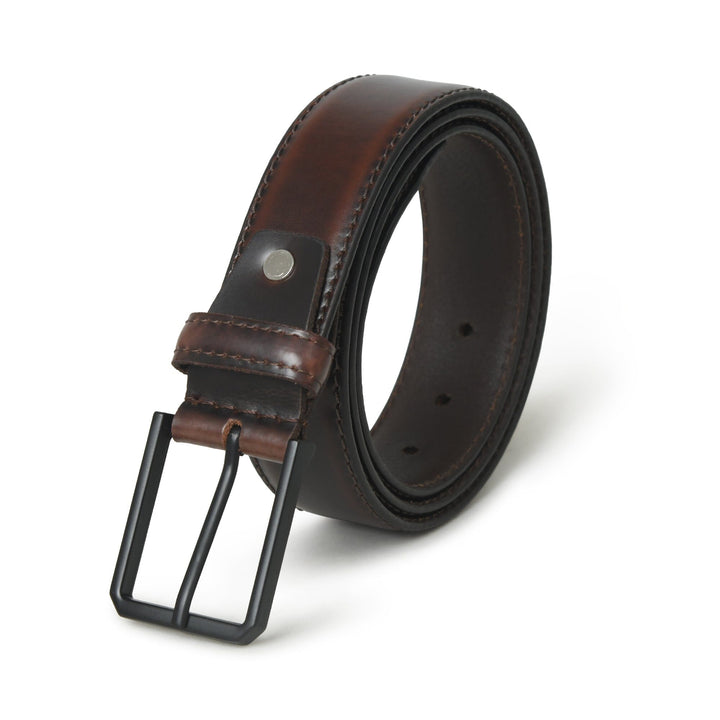 Brown leather belt with rectangular black buckle and stitched edges