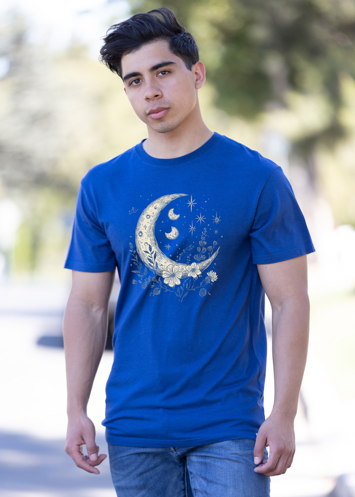 Blue unisex graphic T-shirt with crescent moon, stars, and floral boho print