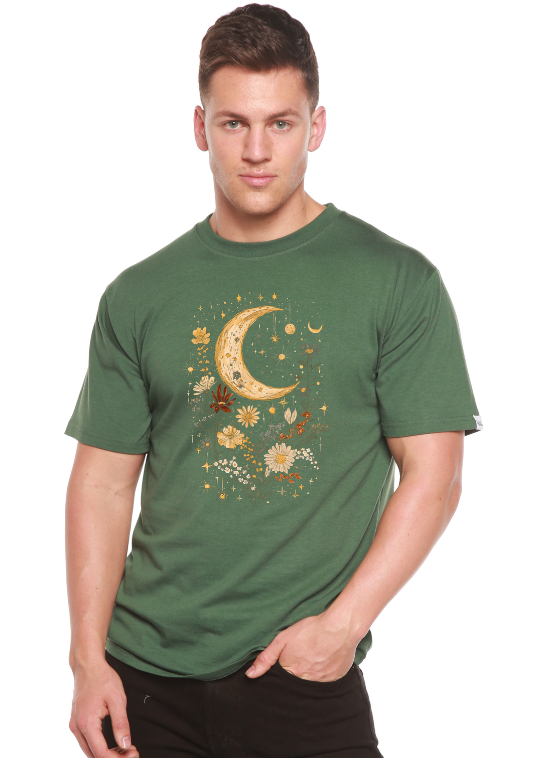Green unisex graphic T-shirt with gold crescent moon and boho floral design