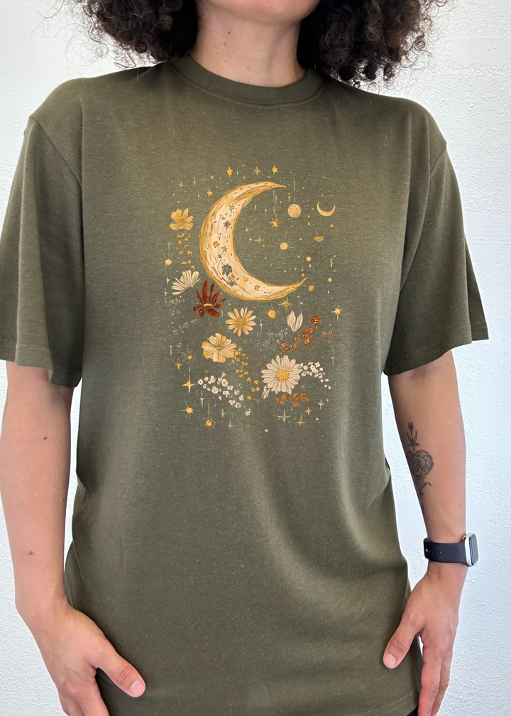 Unisex graphic T-shirt in olive green with gold crescent moon and floral print.