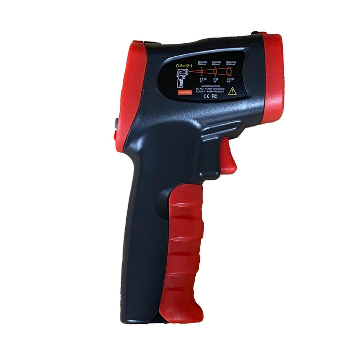 Infrared thermometer with red-and-black body, rear label and settings visible