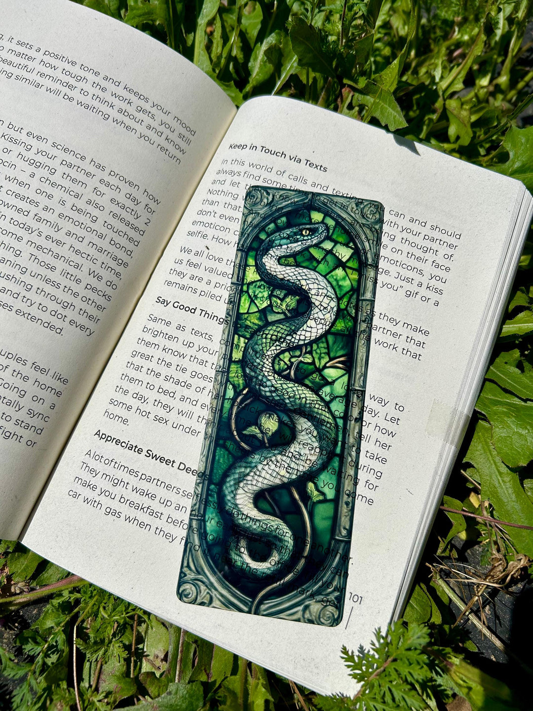 Teal serpent stained-glass bookmark with ornate pattern between open pages
