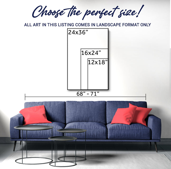 Abstract wall art size chart for landscape canvas prints with multiple dimension options