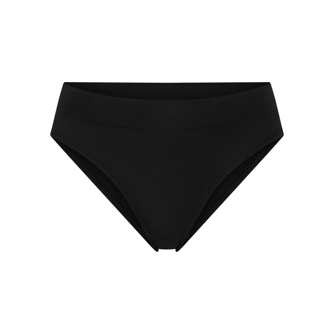 Black tanga underwear bottom with smooth fabric and stitched leg openings