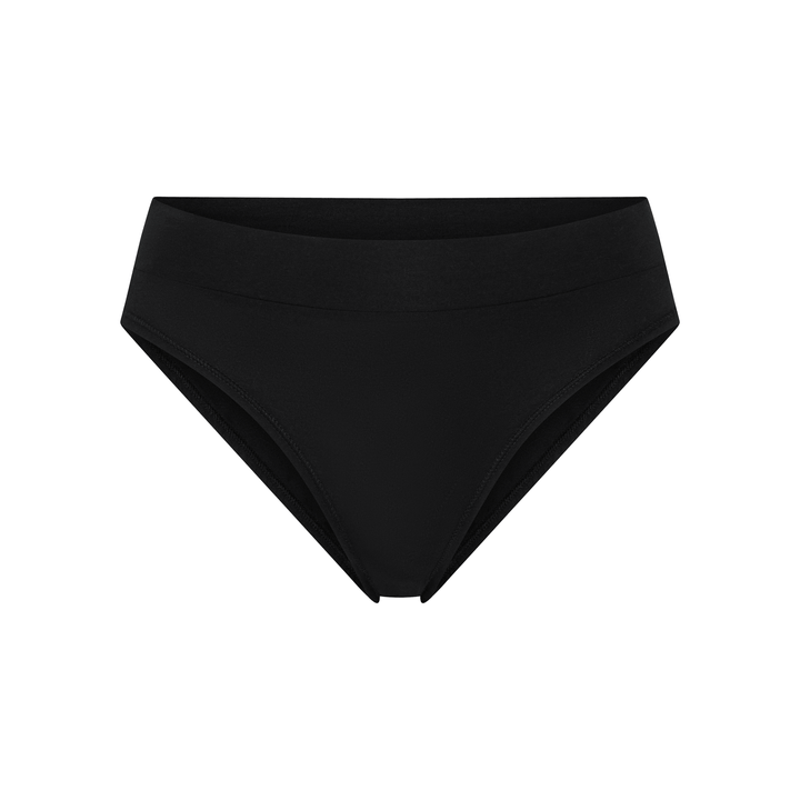 Black tanga underwear bottom with smooth fabric and stitched leg openings