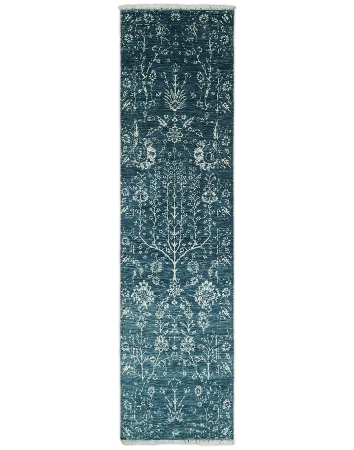 2.6x10 Fine Hand Knotted White and Blue Traditional Persian Style Antique Wool Rug