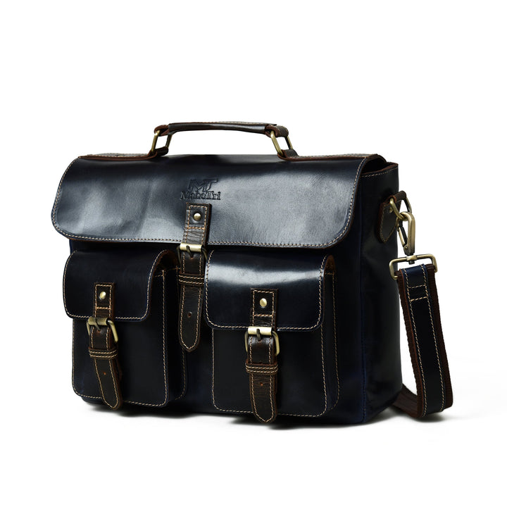 Dark blue laptop messenger bag angled front view with top handle and side strap