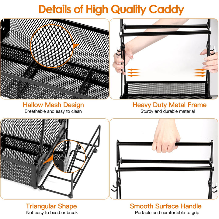 Black metal grill caddy features: heavy-duty frame, breathable mesh, triangular base, smooth handle