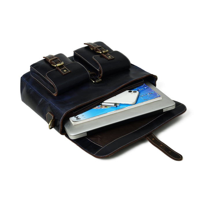 Dark blue laptop messenger bag open flat layout showing dual compartments and straps