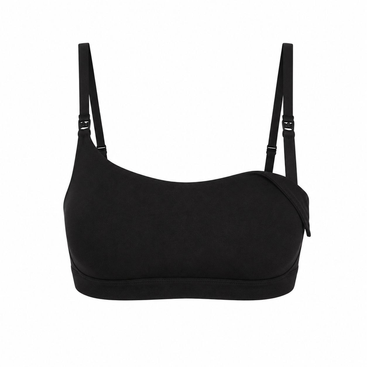 Black nursing bralette front view with adjustable straps and rounded underband