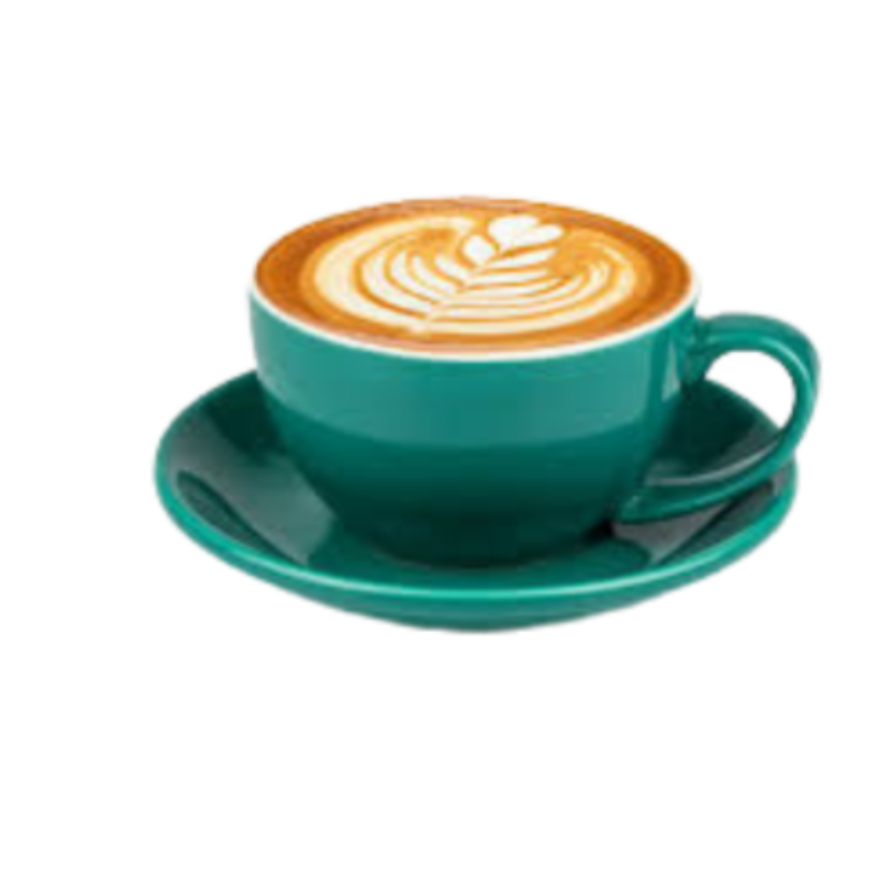 Turquoise cup of latte with tan and white leaf latte art on saucer