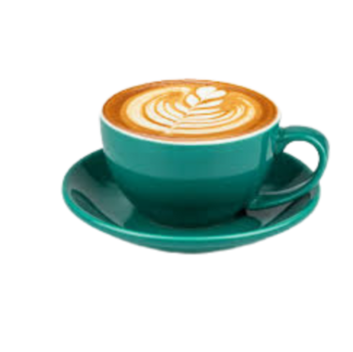 Turquoise cup of latte with tan and white leaf latte art on saucer