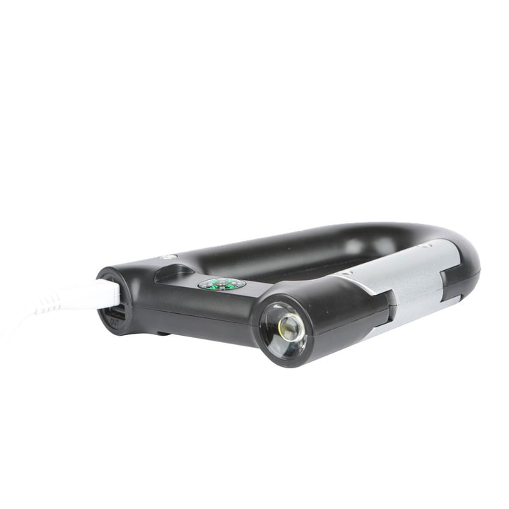 Black carabiner-shaped power bank with LED flashlight and small compass dial