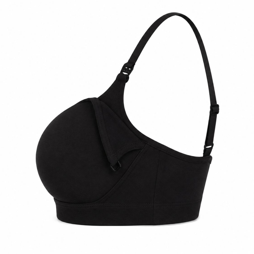 Black nursing bralette side view with smooth curved cups and adjustable straps