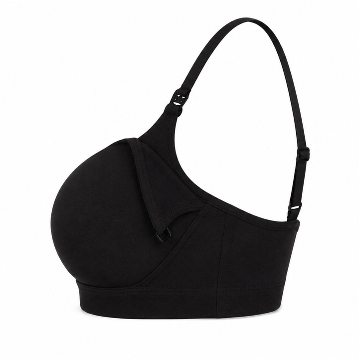 Black nursing bralette side view with smooth curved cups and adjustable straps