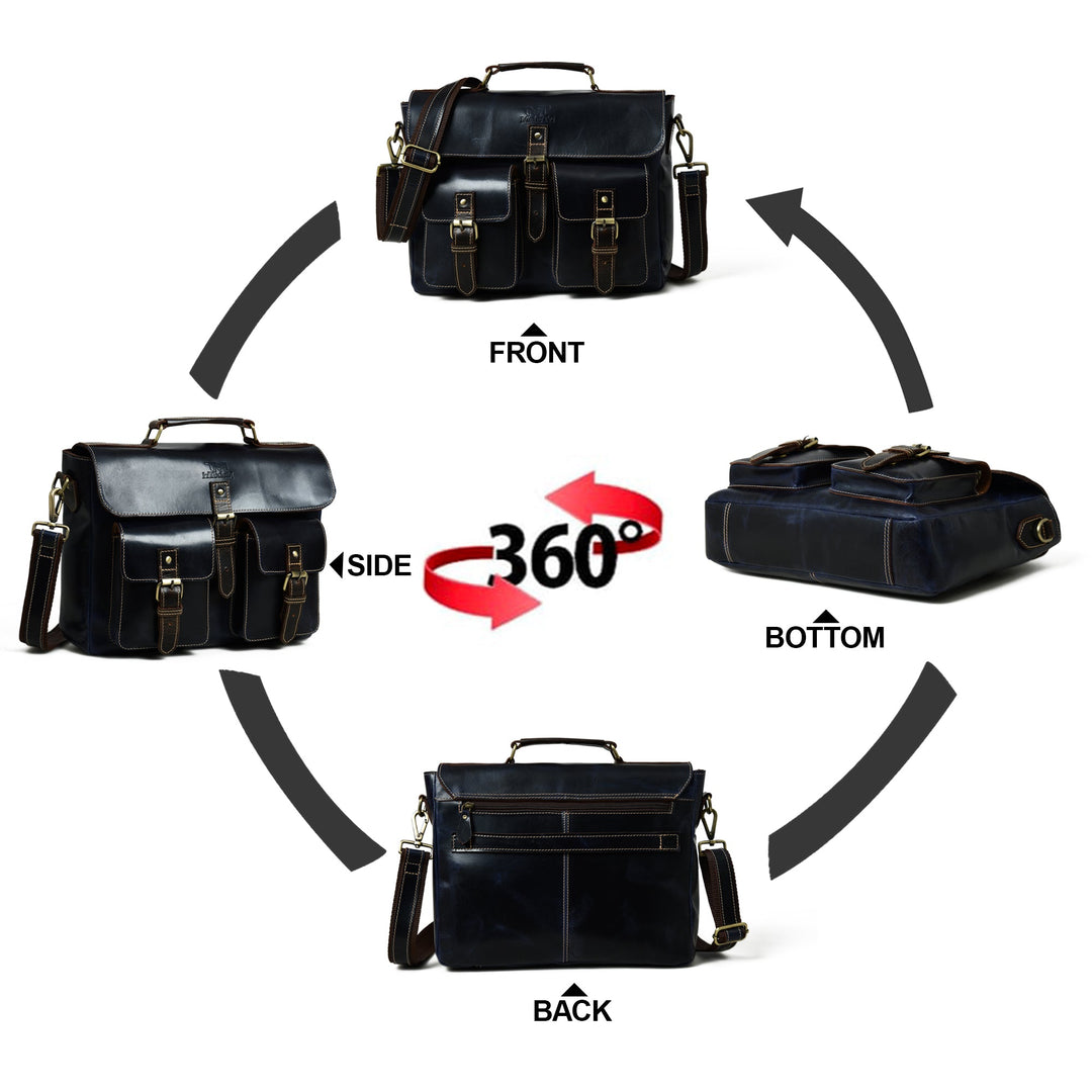 Dark blue laptop messenger bag 360 view labels for front, side, bottom, and back