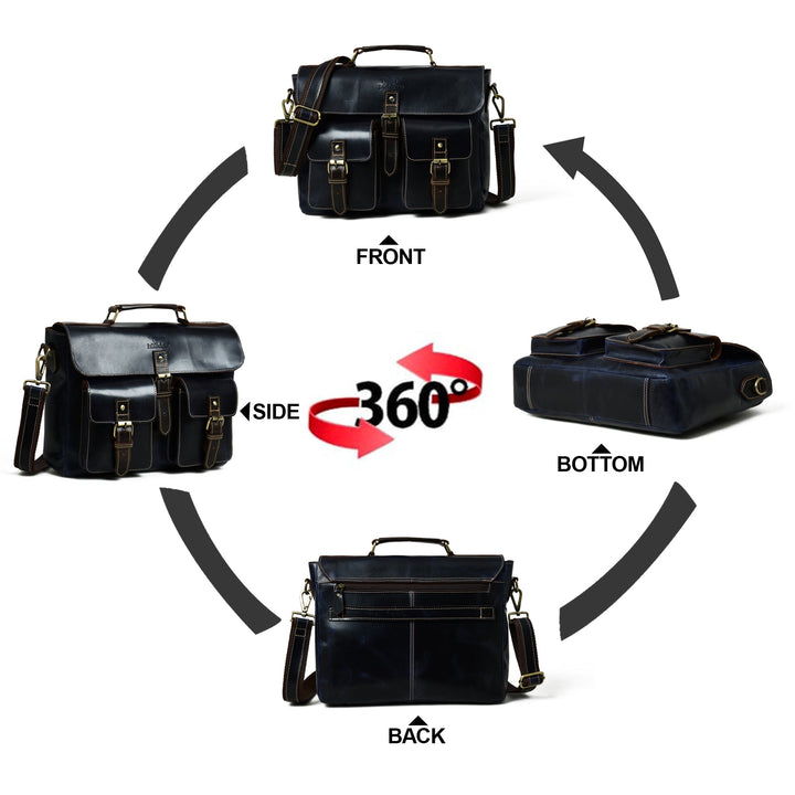 Dark blue laptop messenger bag 360 view labels for front, side, bottom, and back