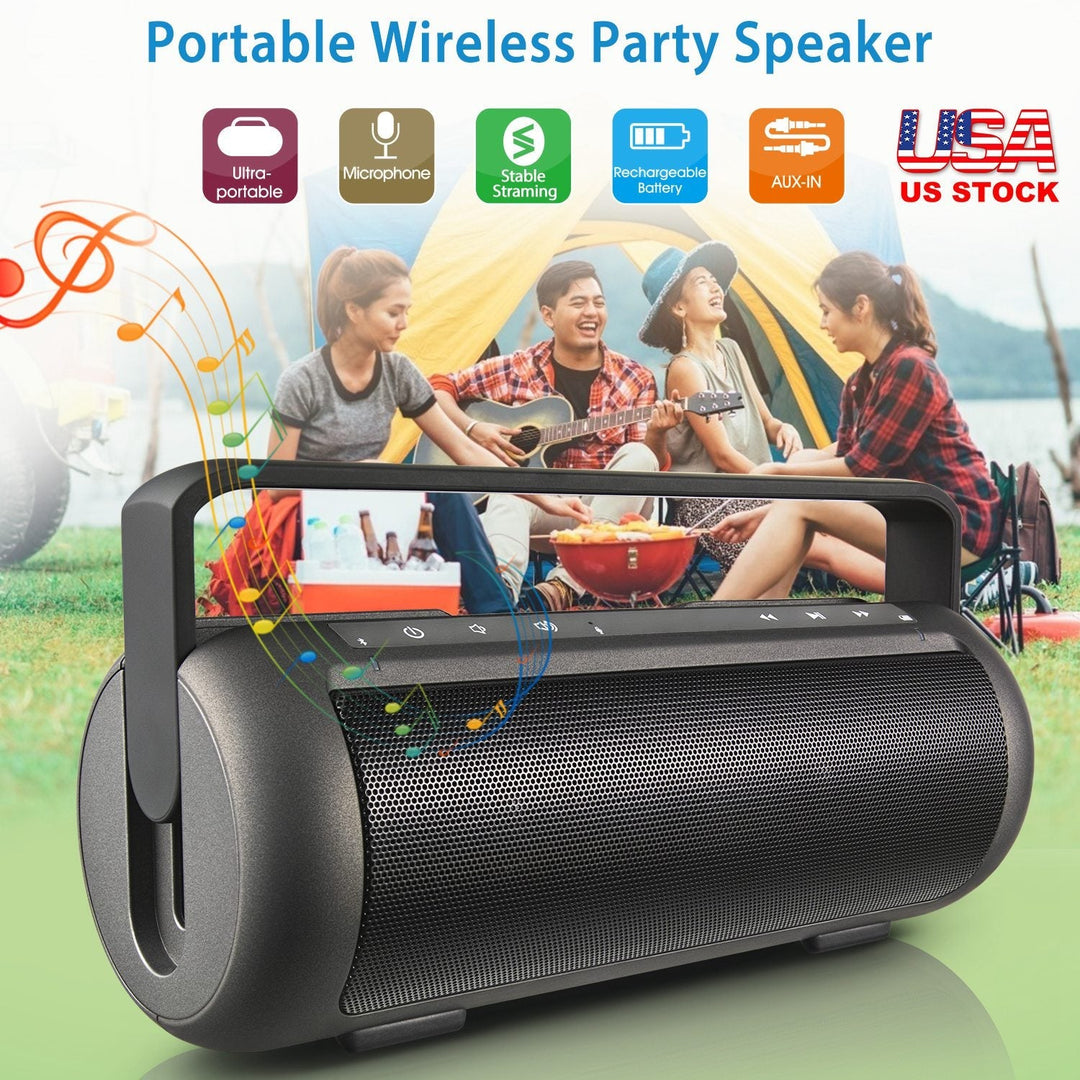 Portable wireless party speaker with front grille and top buttons, dark gray.