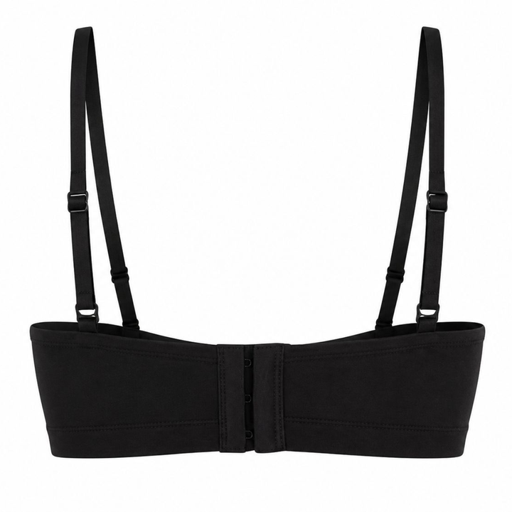 Black nursing bralette back view showing center back hook-and-loop closure