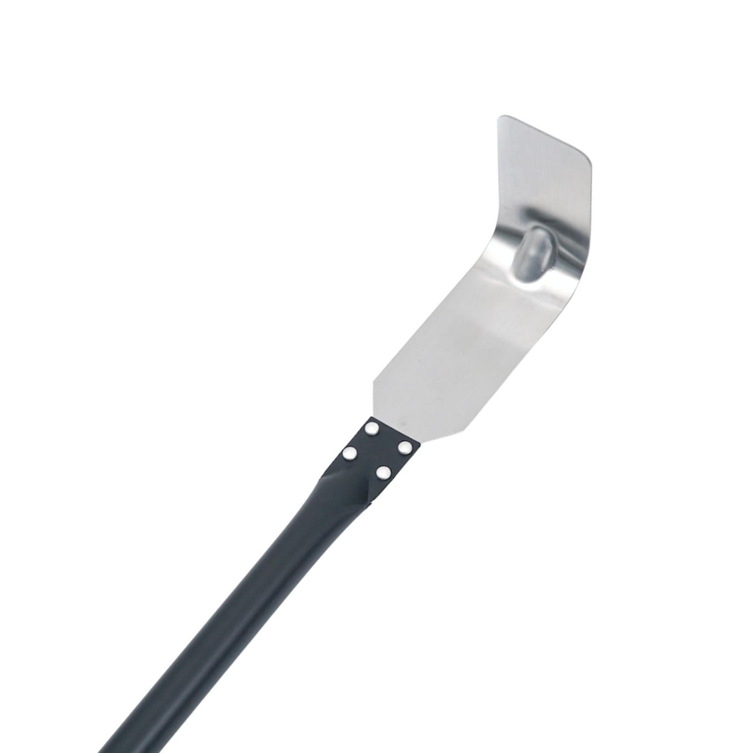 Stainless steel coal rake shovel with black long handle and perforated end