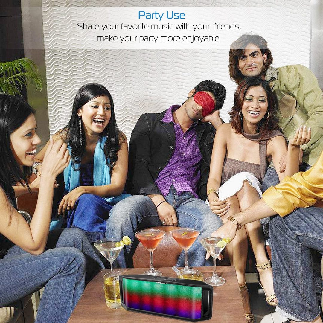 Wireless speaker with black casing and multicolor LED panel glowing