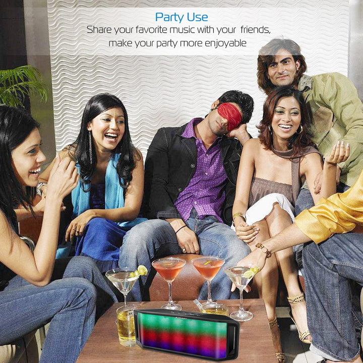 Wireless speaker with black casing and multicolor LED panel glowing