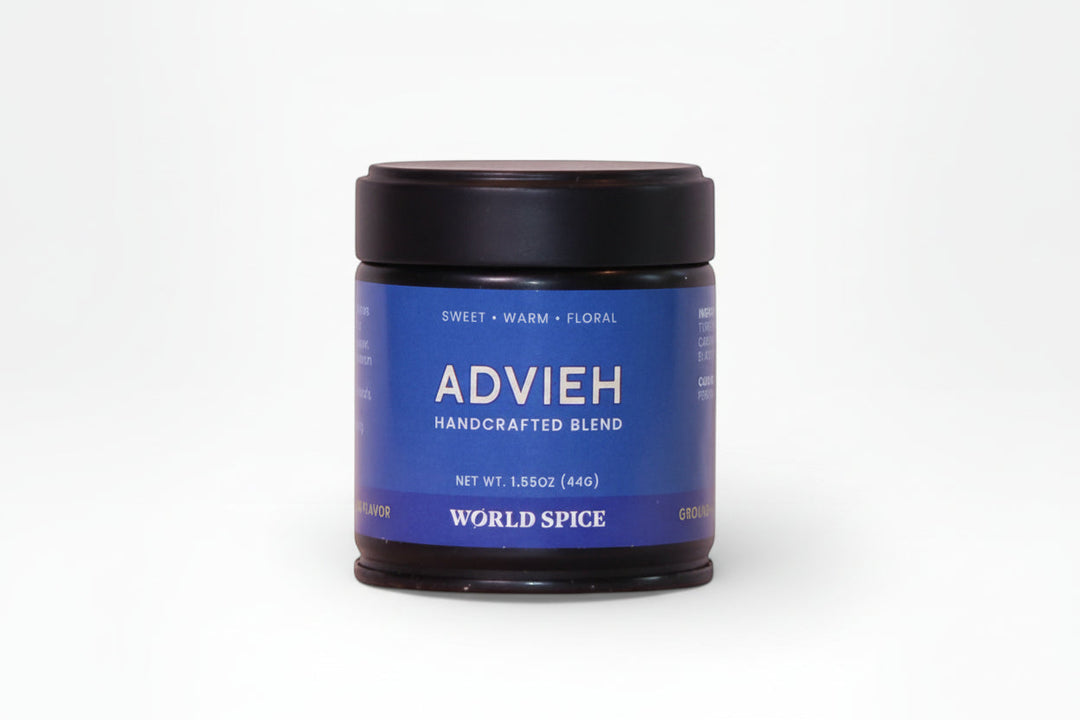 Advieh spice blend jar with black lid and blue world spice label