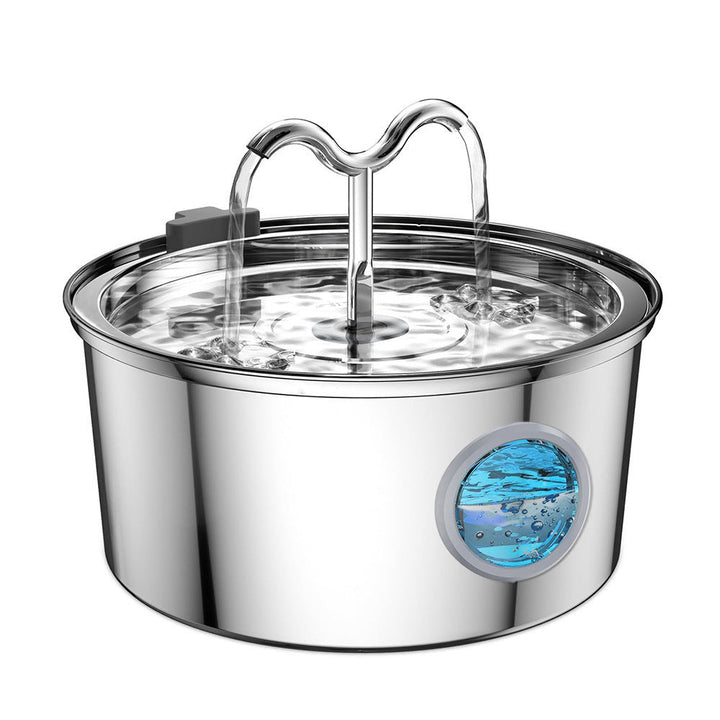 Stainless steel pet water dispenser with two curved spouts and blue window panel