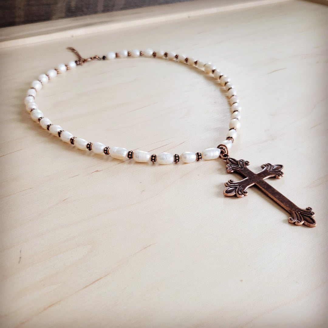 Pearl bead collar necklace with bronze cross pendant and clasp chain
