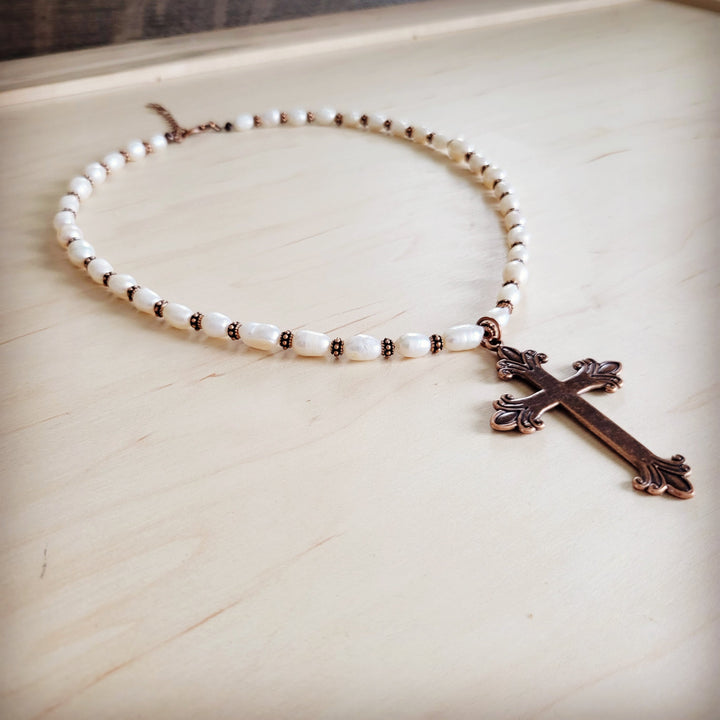 Pearl bead collar necklace with bronze cross pendant and clasp chain