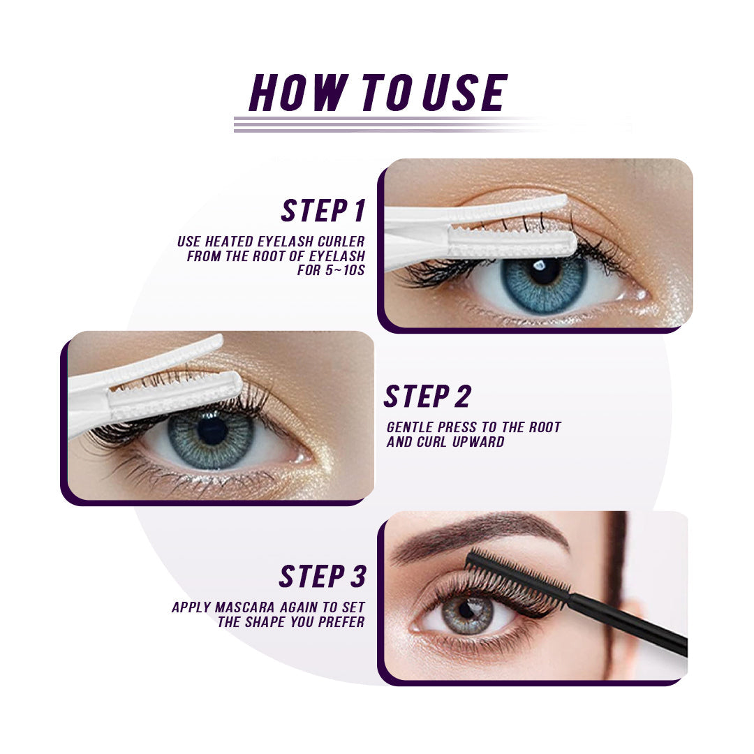 Heated eyelash curler set instructions with eyelash styling steps and step-by-step guidance