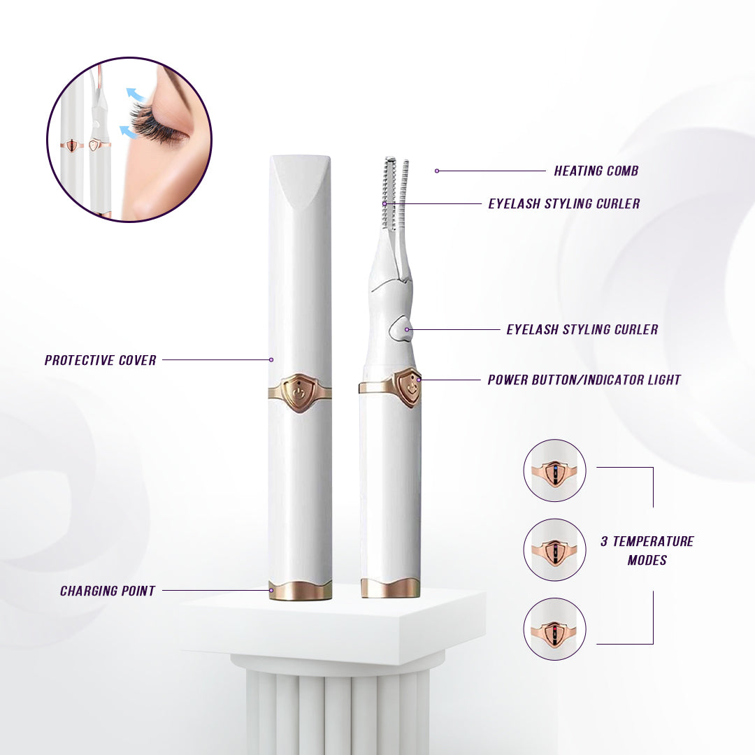 Heated eyelash curler with charging base, heating comb, and power indicator light