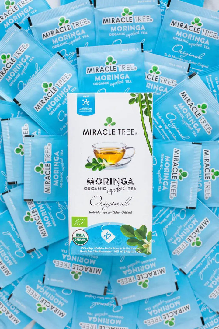 Assorted Miracle Tree Moringa Original tea bags in blue wrappers