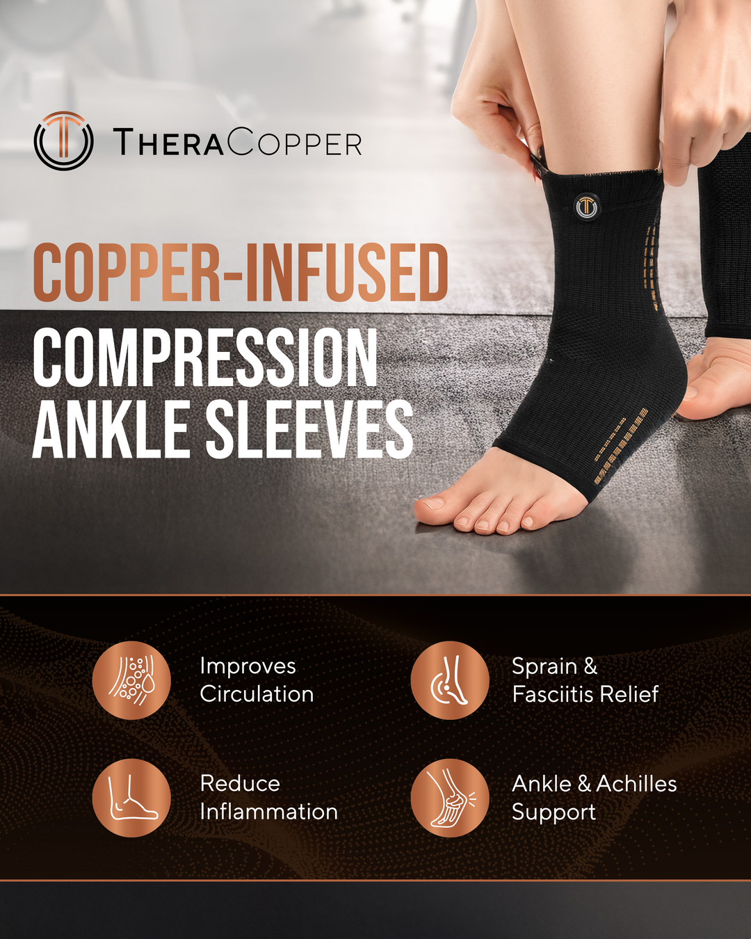 Black copper-infused compression ankle sleeves, ribbed knit with orange side lines