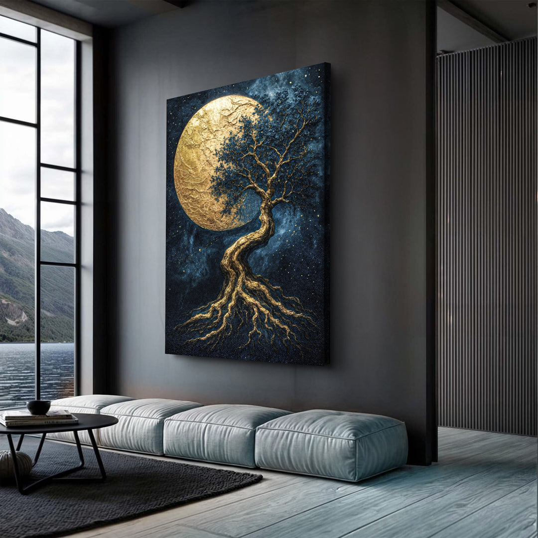 Tree of life wall canvas with golden moon and blue textured sky, centered on wall