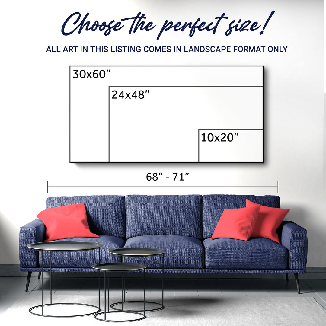 Landscape canvas wall art size options shown with beach scene print