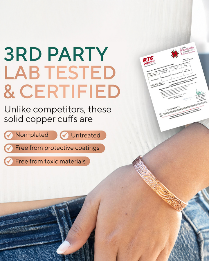 Rose copper floral cuff bracelet on arm sleeve, textured engraved border