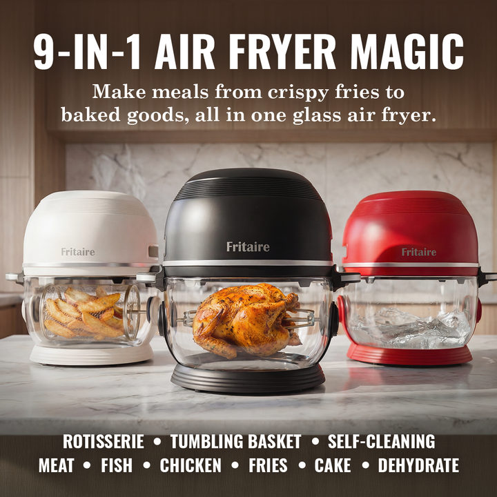 Countertop air fryer set with clear glass bowls, featuring a cherry red unit