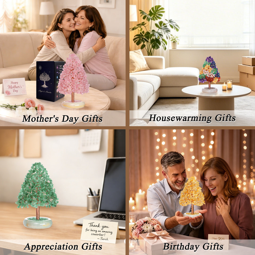 Crystal tree ornaments displayed as gift ideas in a four-panel collage