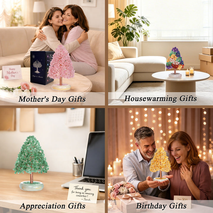 Crystal tree ornaments displayed as gift ideas in a four-panel collage