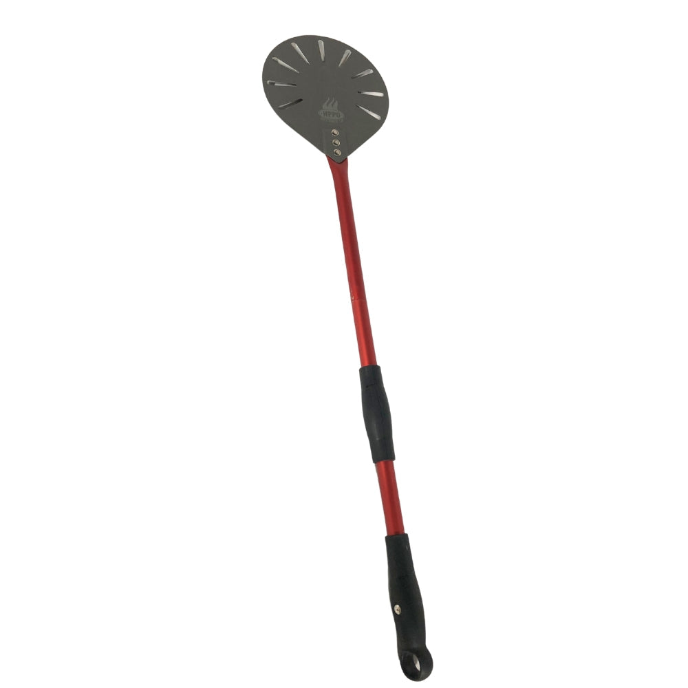 Round pizza peel tool with red long handle, dark metal blade and hanging loop
