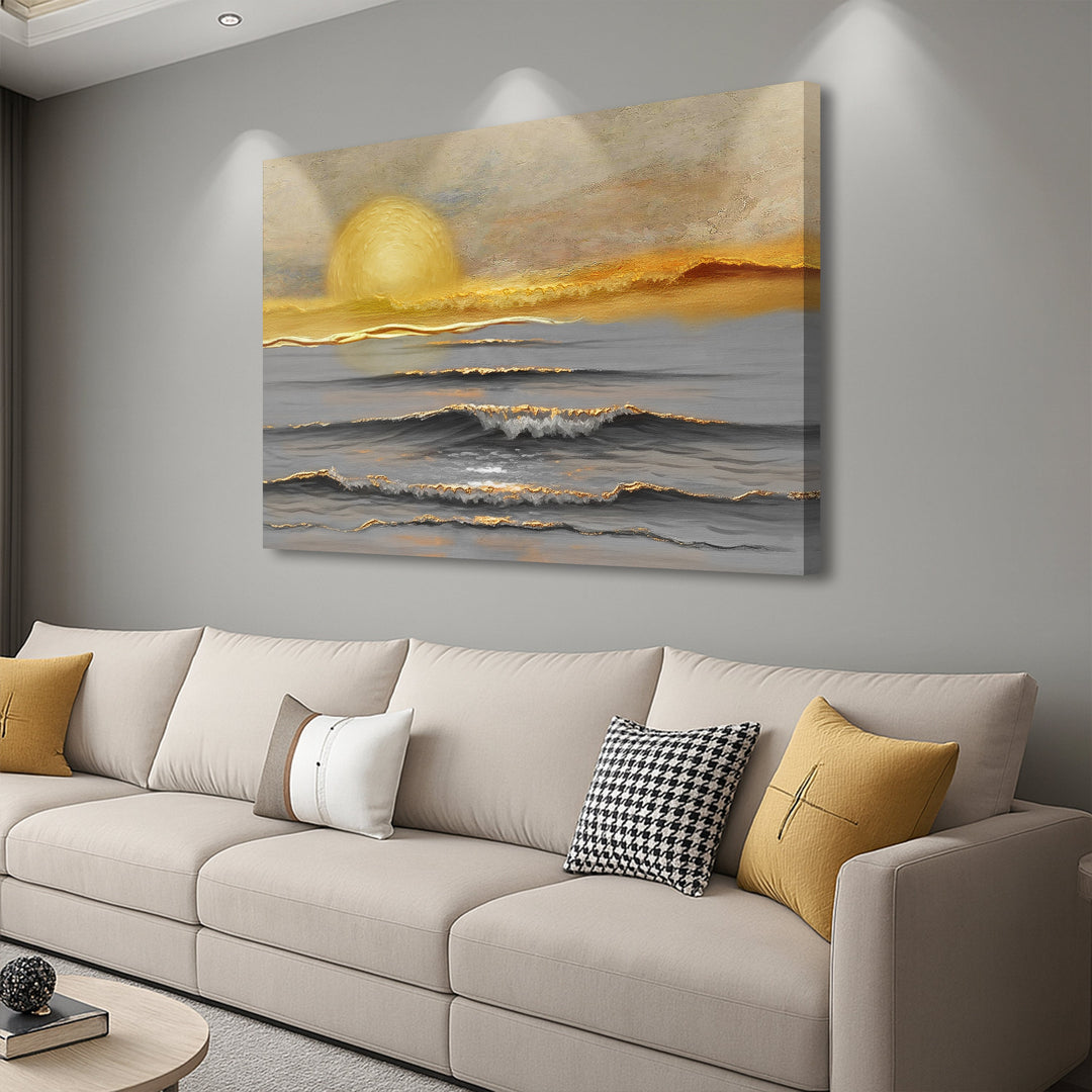 Seascape canvas wall art showing bright sun and gray-blue waves in landscape