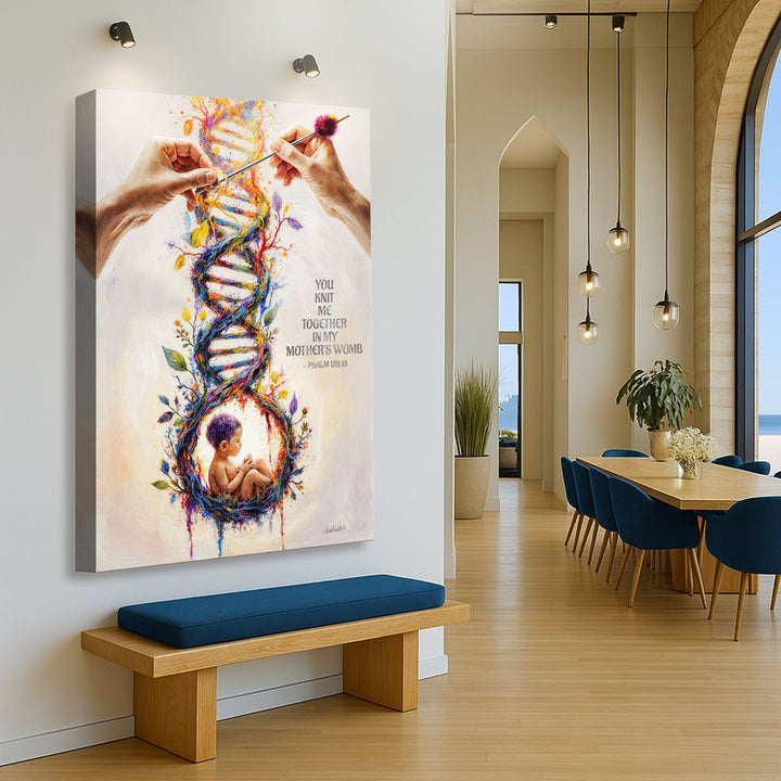 Framed vertical canvas wall art featuring colorful DNA heart with baby figure and hand artwork