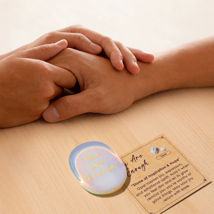 Opal pocket crystal stone with “You Are Enough” text, iridescent round cabochon and card