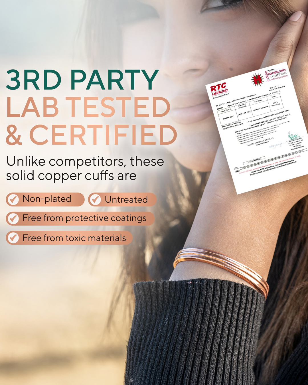 Copper cuff bracelet with stacked edge tiers and smooth curved face