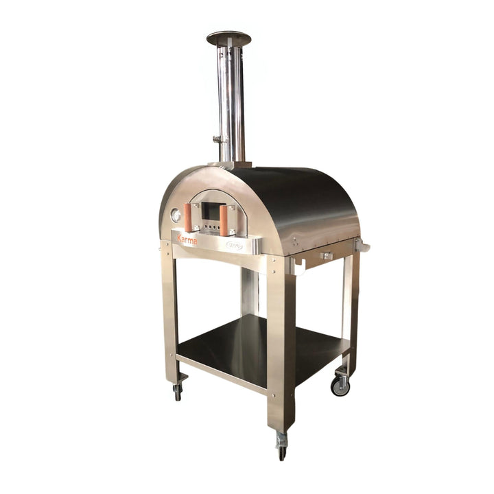 Stainless cart with black dome pizza oven shell, front shelf, and locking casters