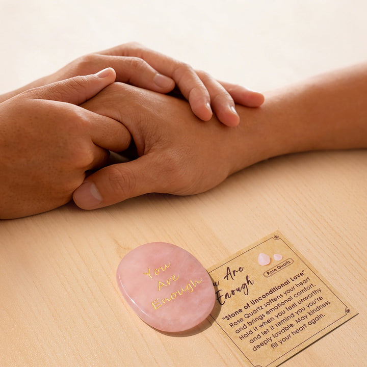 Rose quartz pocket crystal stone with “You Are Enough” text, round pink cabochon and card