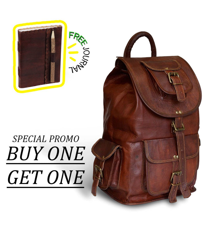 Brown leather hiking backpack with front flap pocket, buckles, and side straps