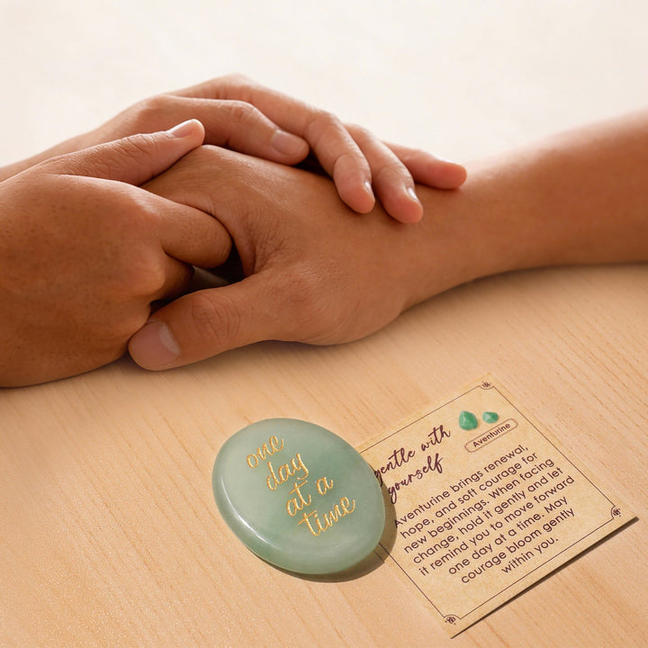 Green pocket crystal stone with gold “one day at a time” text with card