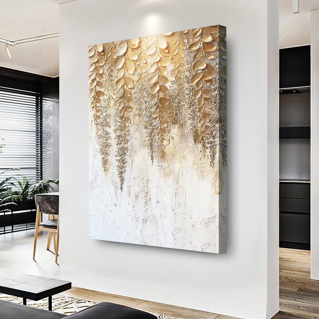 Gold and cream wisteria wall art canvas with raised petal-like texture